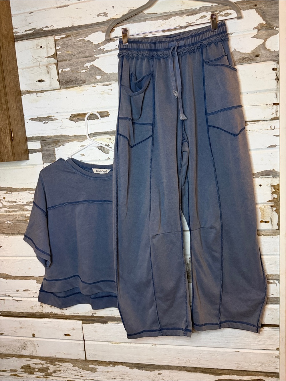 DAVI & DANI Slate Blue Wide-Leg Drawstring Pants set (31